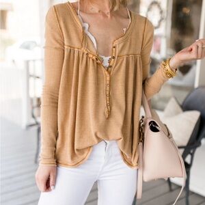 Free People Tan Long Sleeve Top with Button Accents